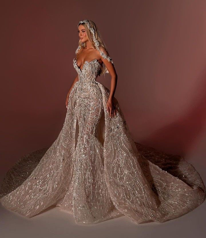 Silver embroidered lace Wedding Dress with detachable train-Custom Made