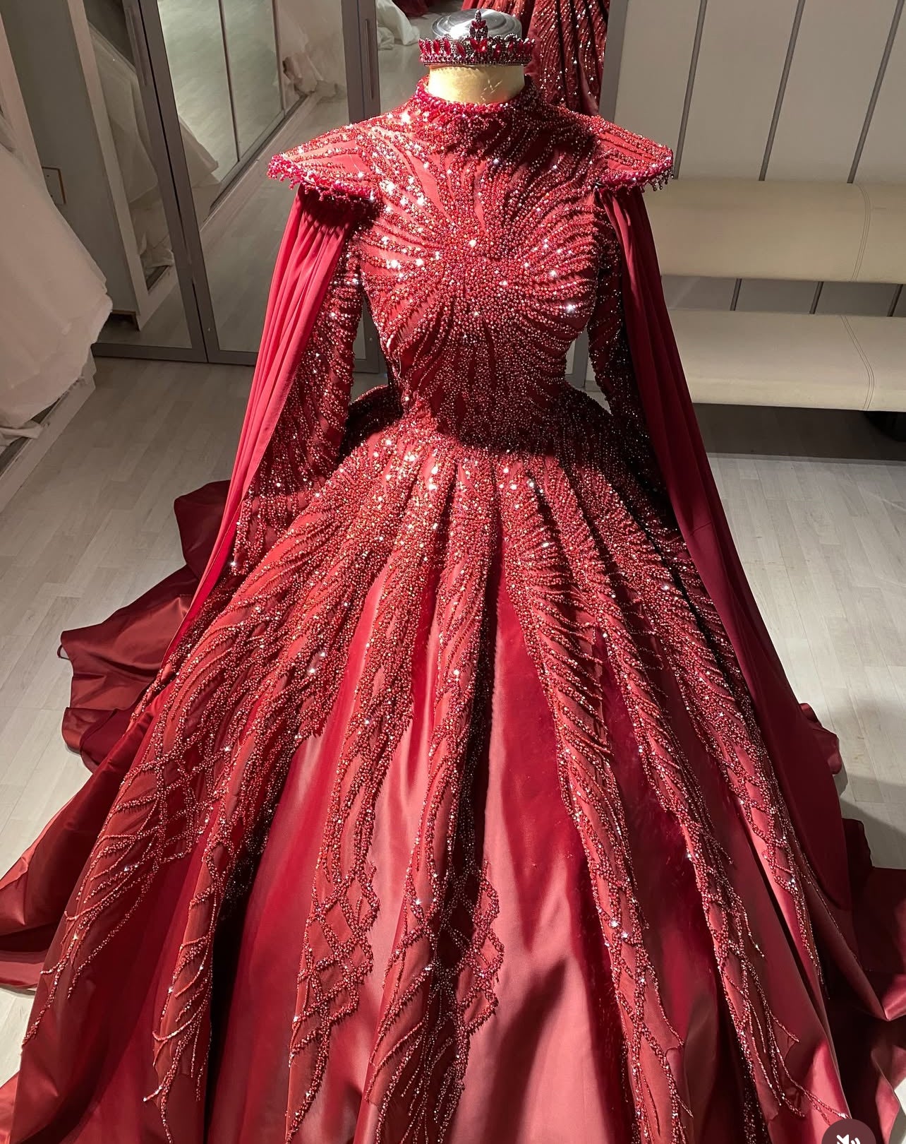 Burgundy Beaded Engagement Dress with cape