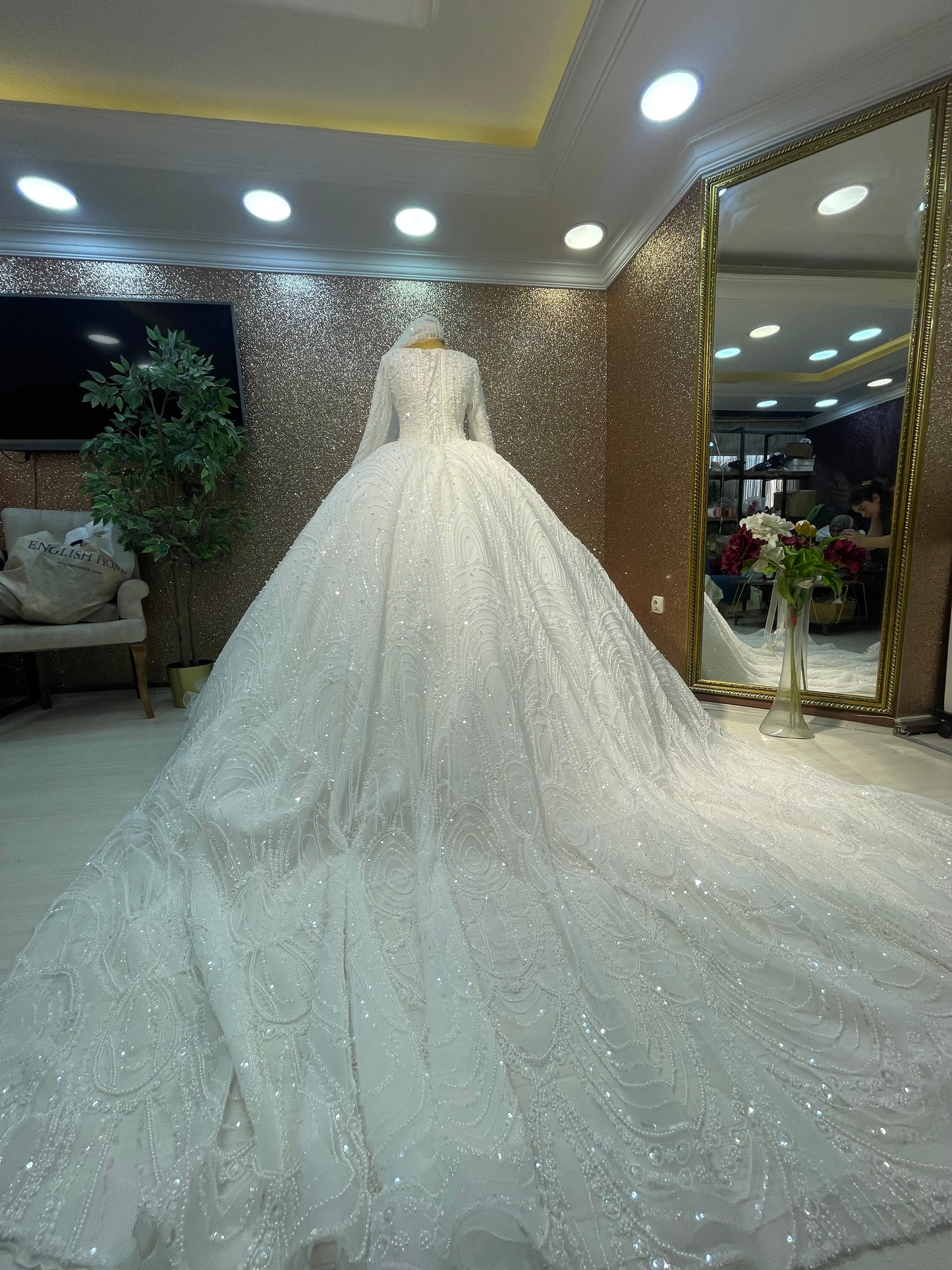 ✨ Boat Neck Pearl & Embroidery Lace Ball Gown ✨