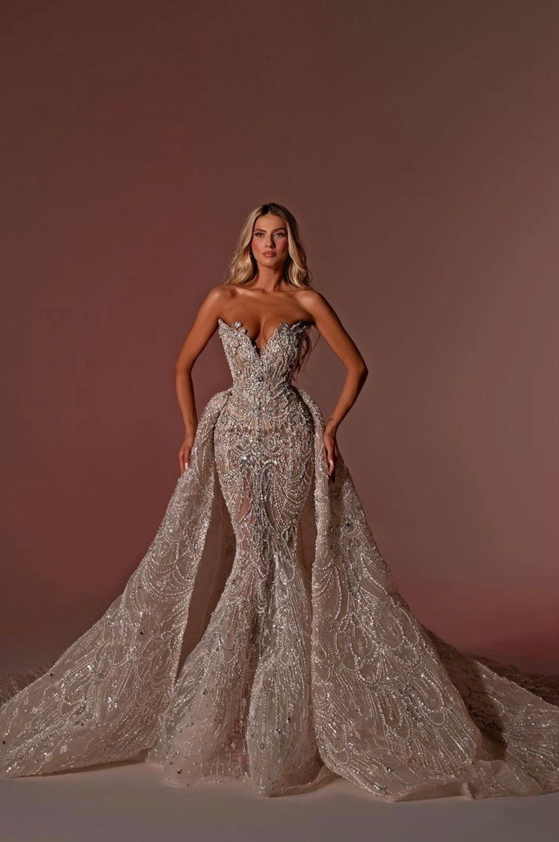 Silver embroidered lace Wedding Dress with detachable train-Custom Made