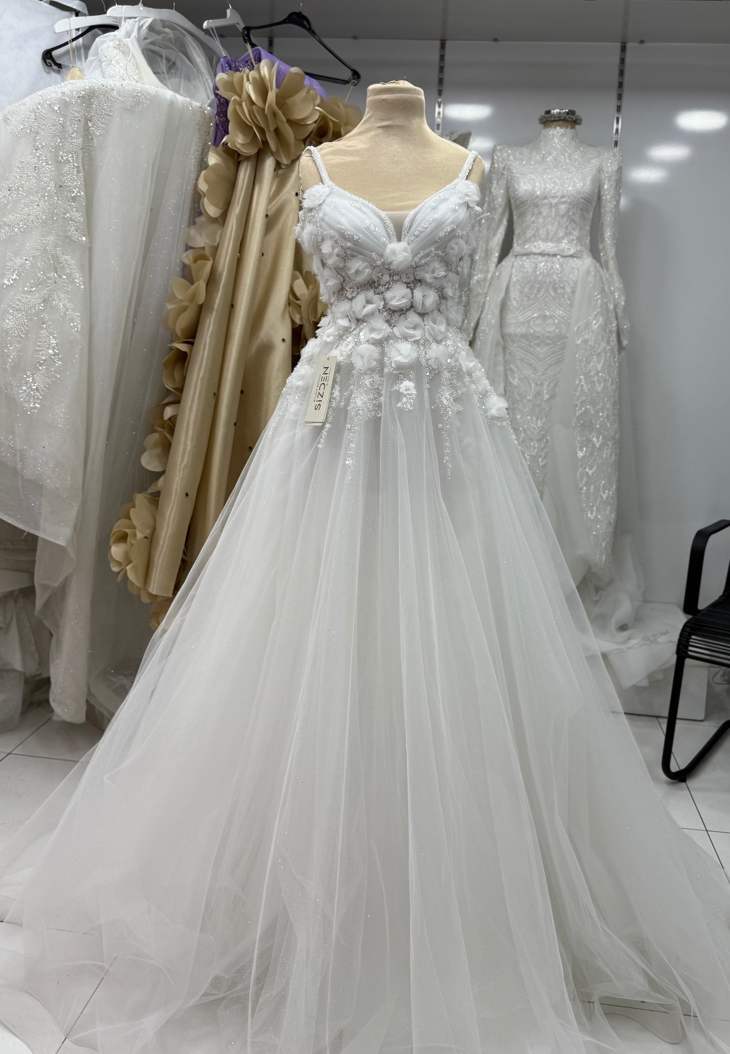 Floral 3D Appliqué Hellenistic A-Line Wedding Dress – Romantic Custom Bridal Gown