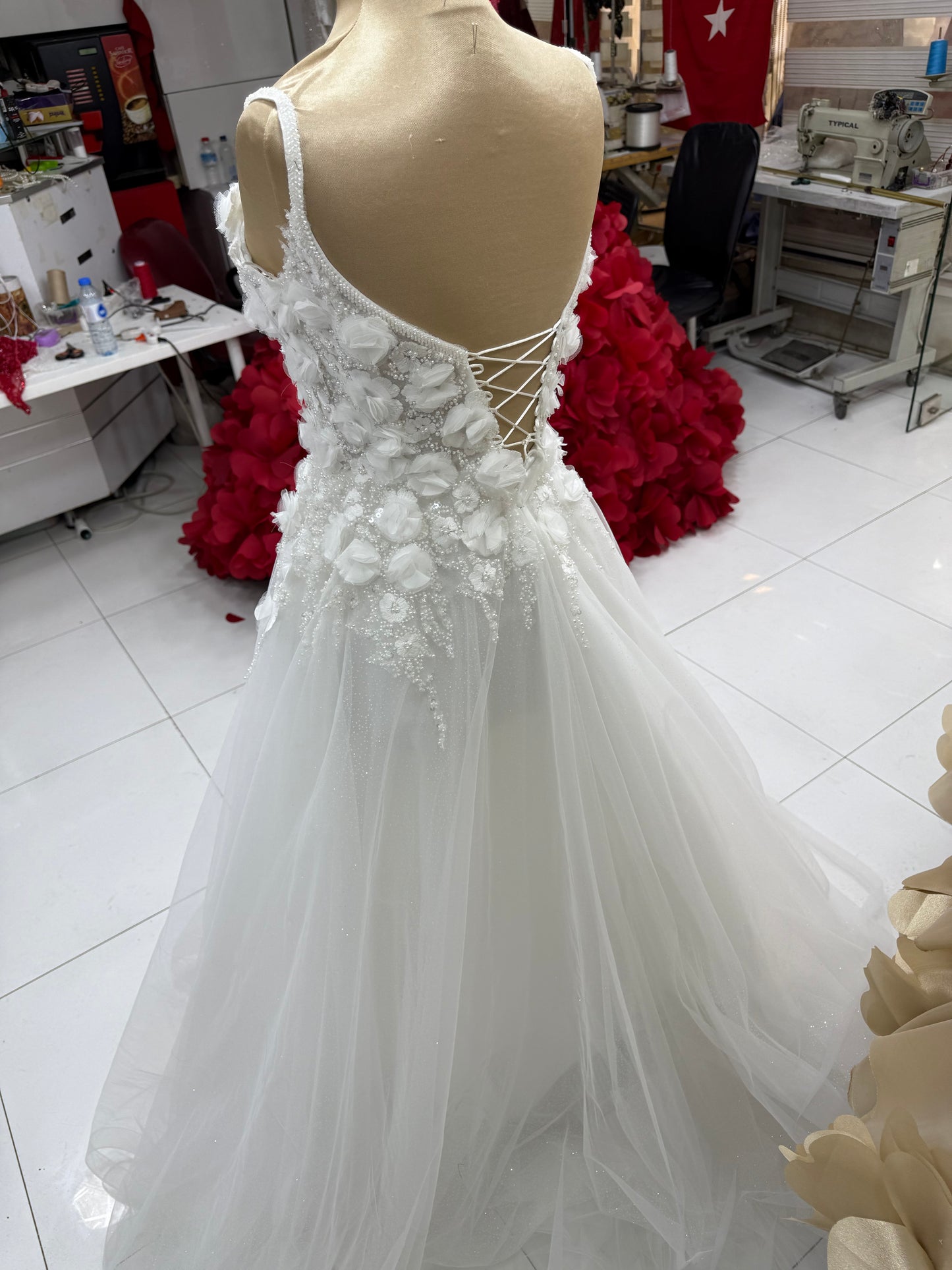 Floral 3D Appliqué Hellenistic A-Line Wedding Dress – Romantic Custom Bridal Gown