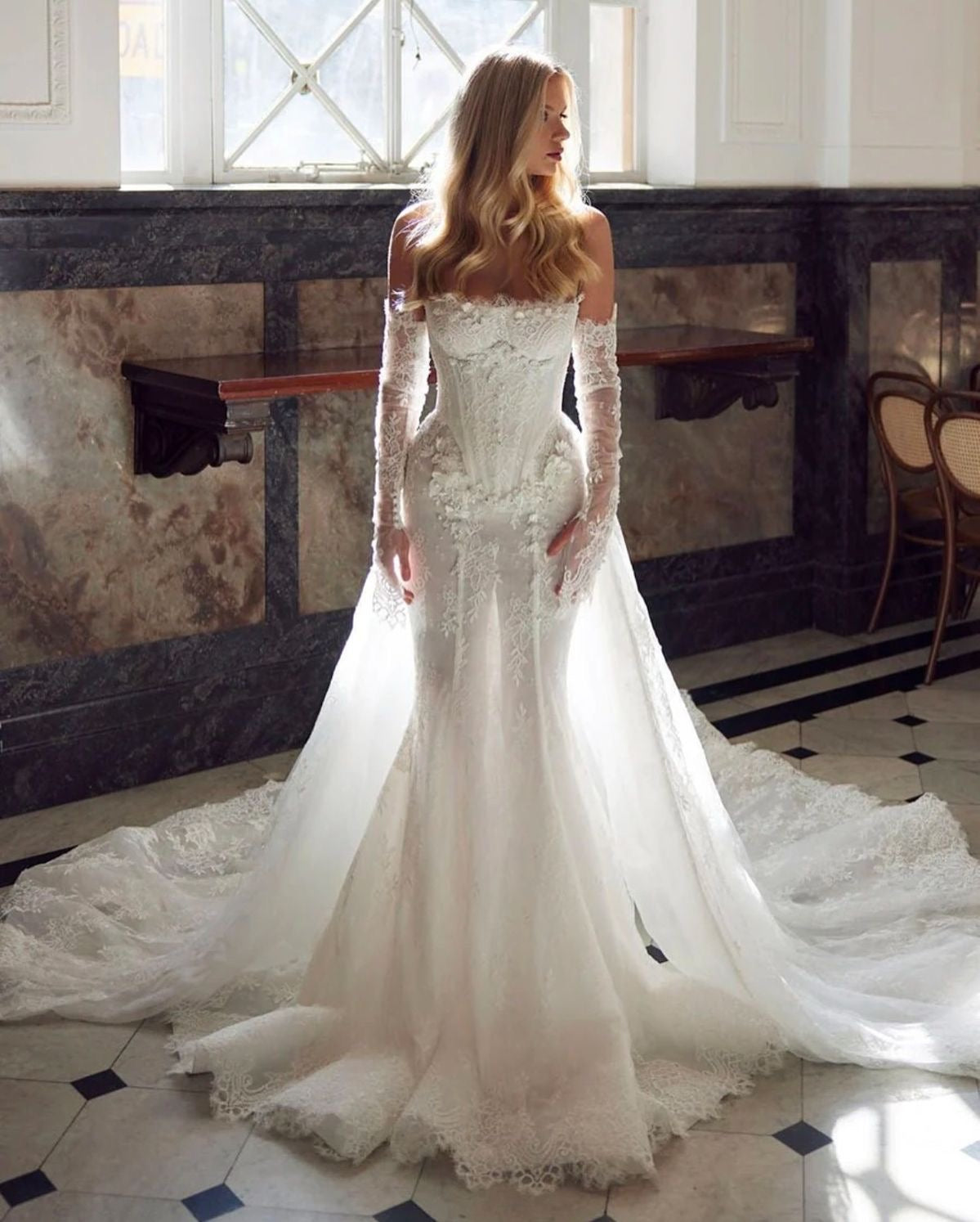 Custom Order Corset Styled Floral detailled lace and French lace Mermaid with detachable train Wedding Dress