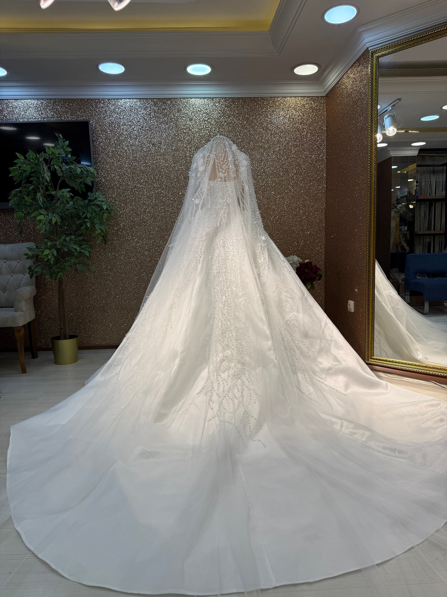 Custom Order Wedding Dress – A-line Styled,Long Sleeves,Matching Veil İnside Mermaid detachable over skirt %50 deposit