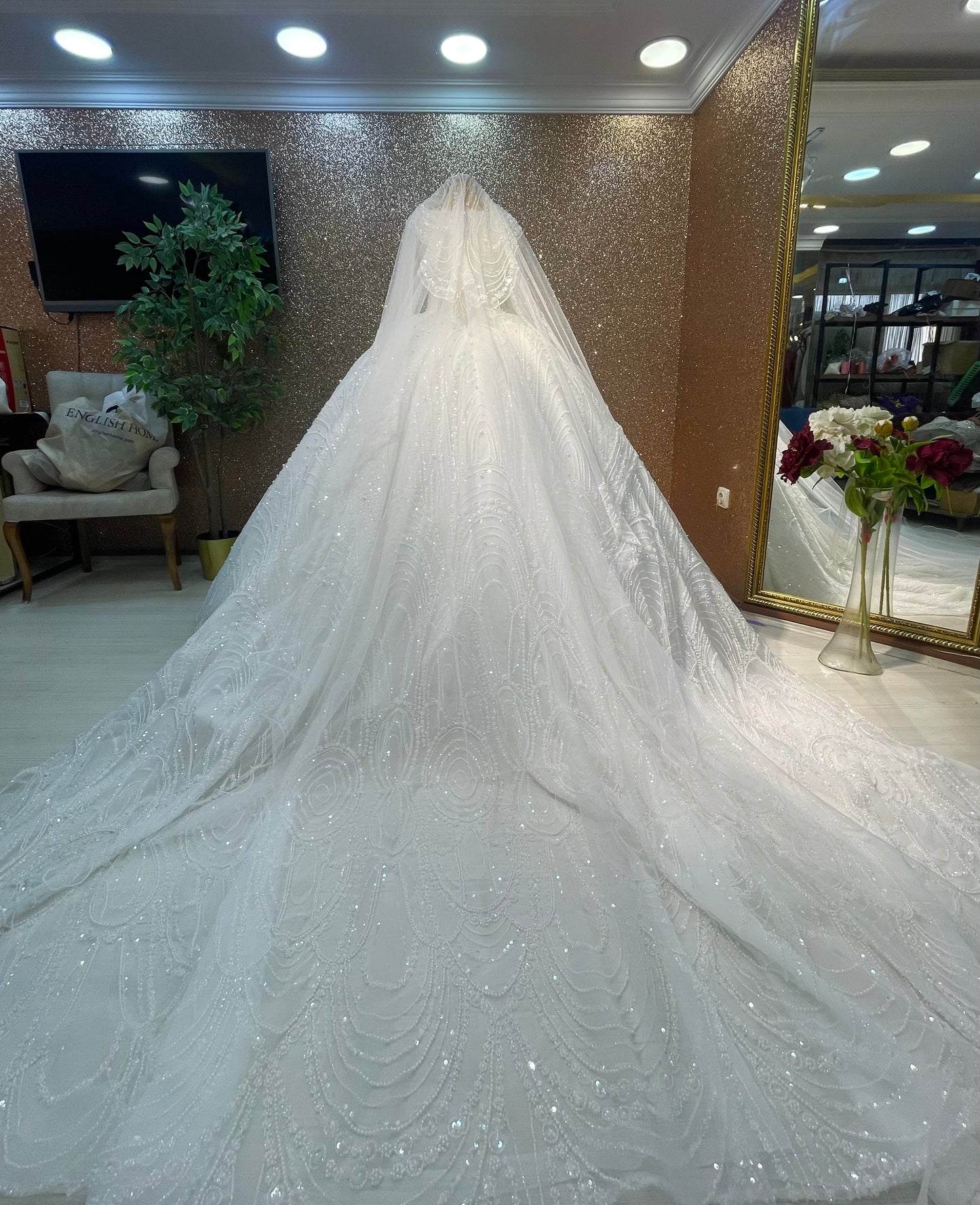 ✨ Boat Neck Pearl & Embroidery Lace Ball Gown ✨