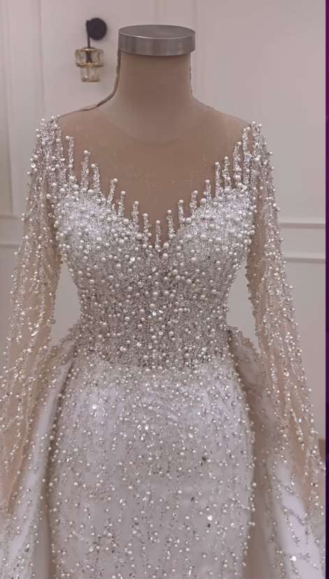 Custom Crystal & Pearl Lace Mermaid Gown – Long Sleeve, V Neck, Detailled Train