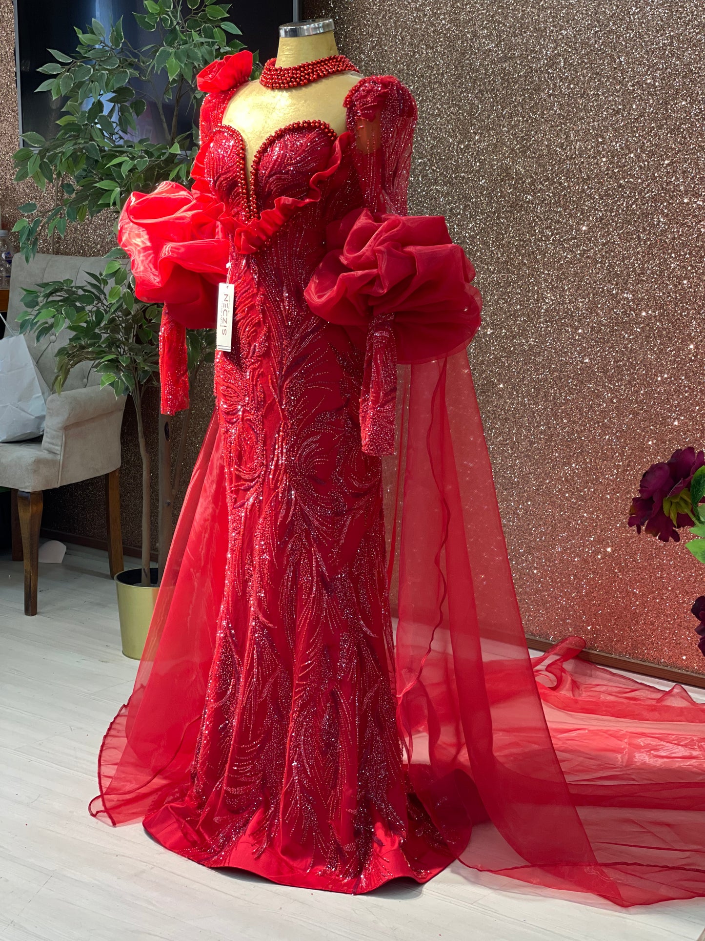 Red Mermaid Gown with sleeve Detail – Bold Elegance Redefined