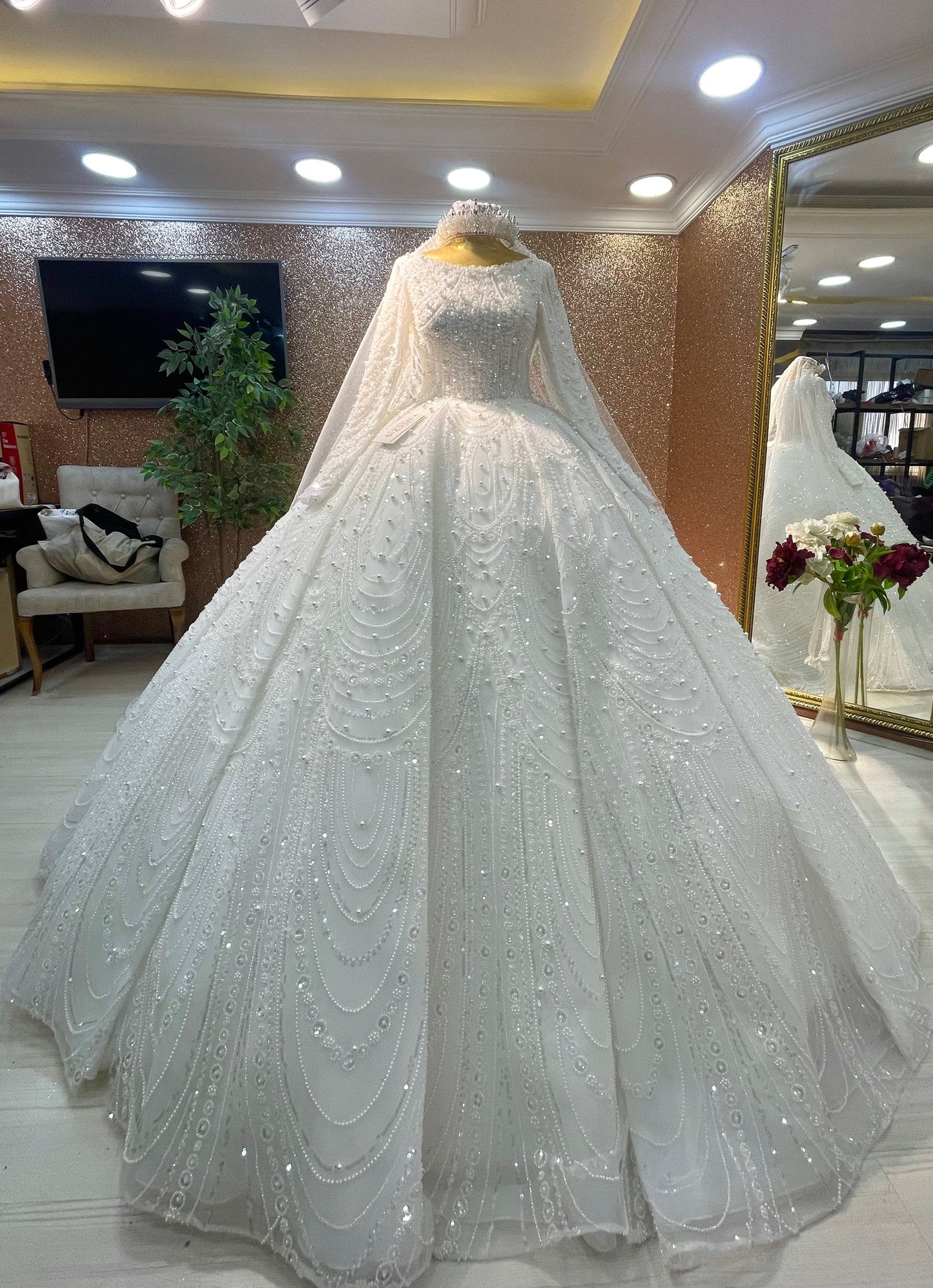 ✨ Boat Neck Pearl & Embroidery Lace Ball Gown ✨