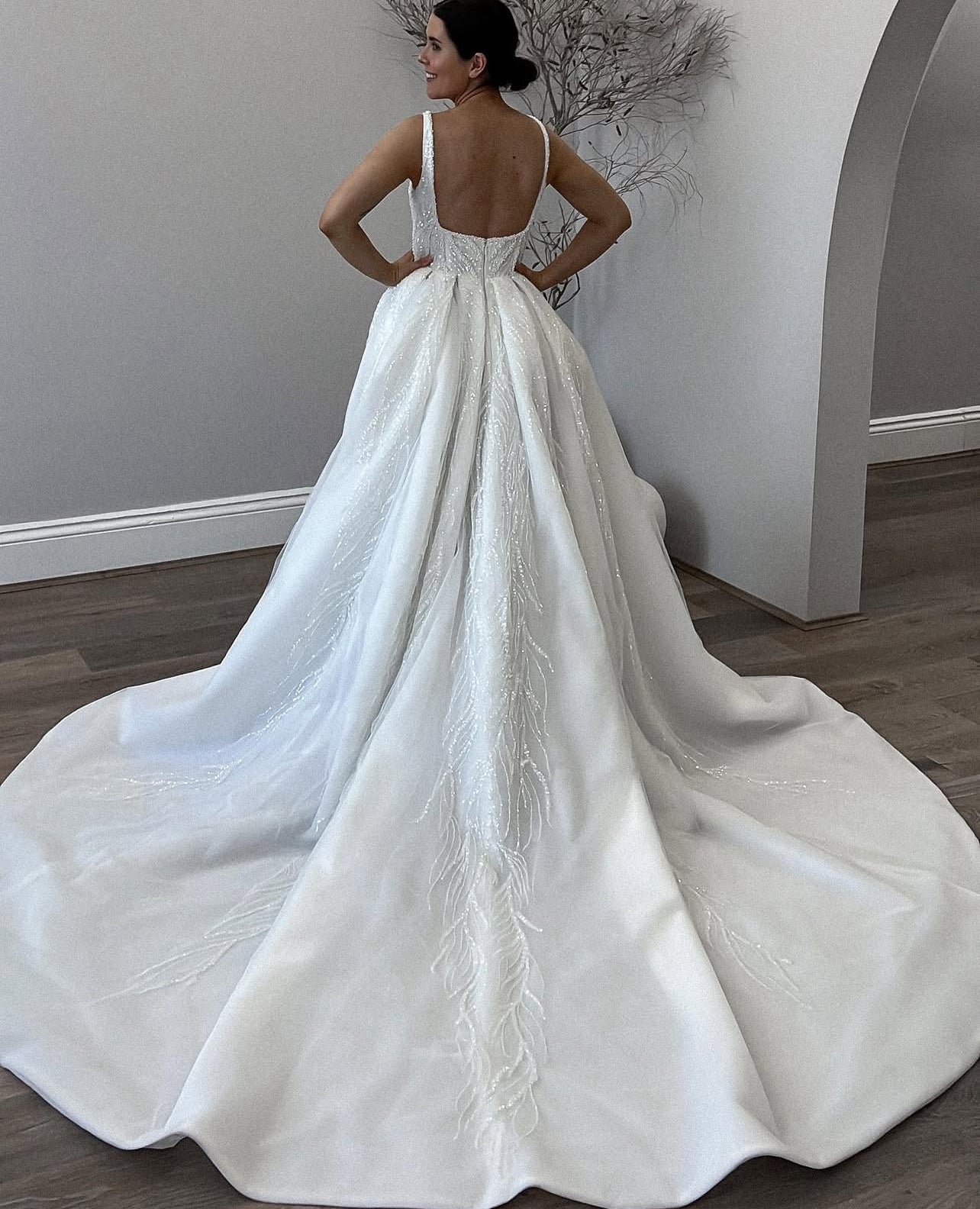 Custom Order Square Neck A-line Wedding Dress with Slit Detail