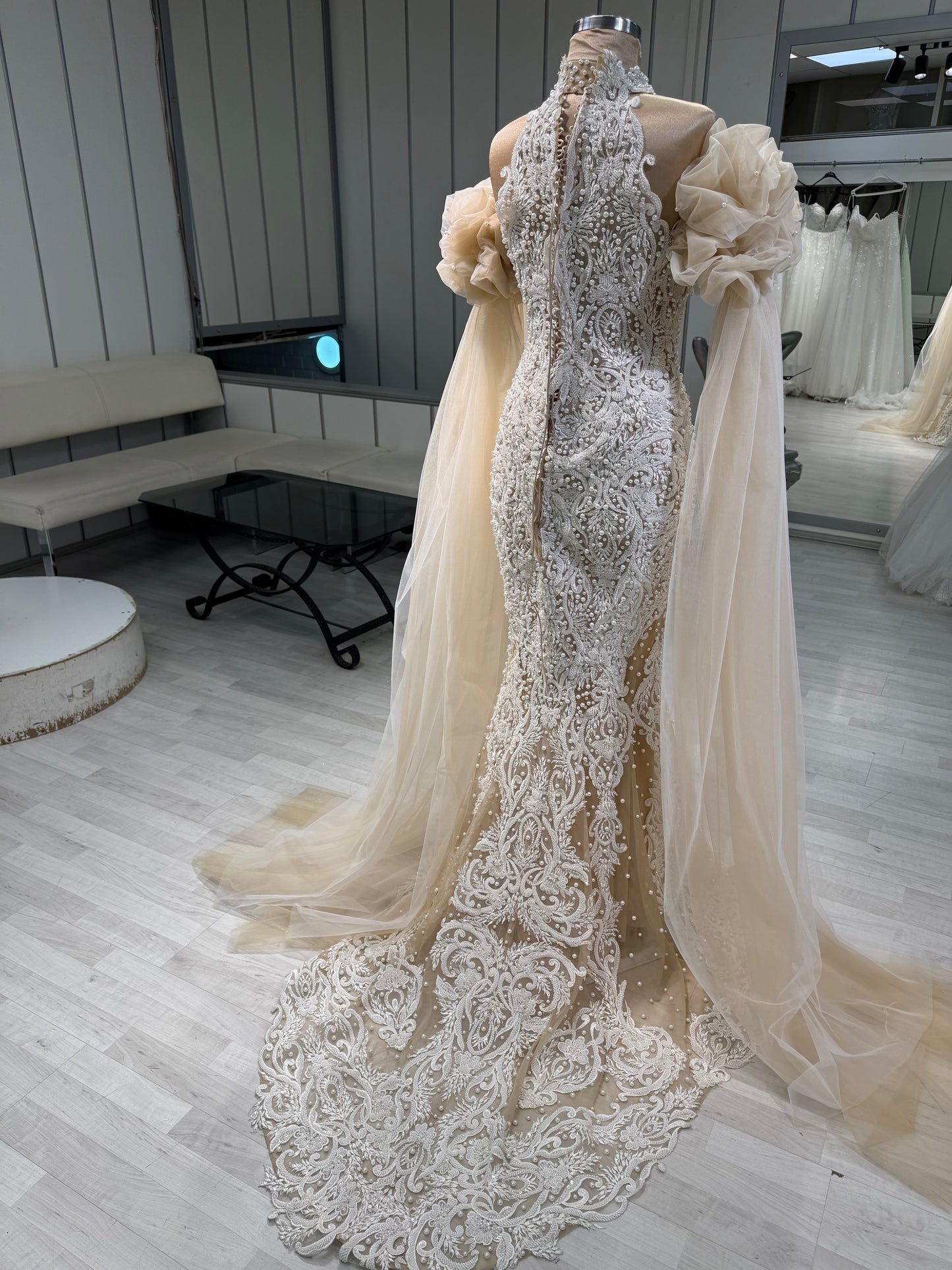 Pearl beaded detailled Cappucino Mermaid Dress-Sephora