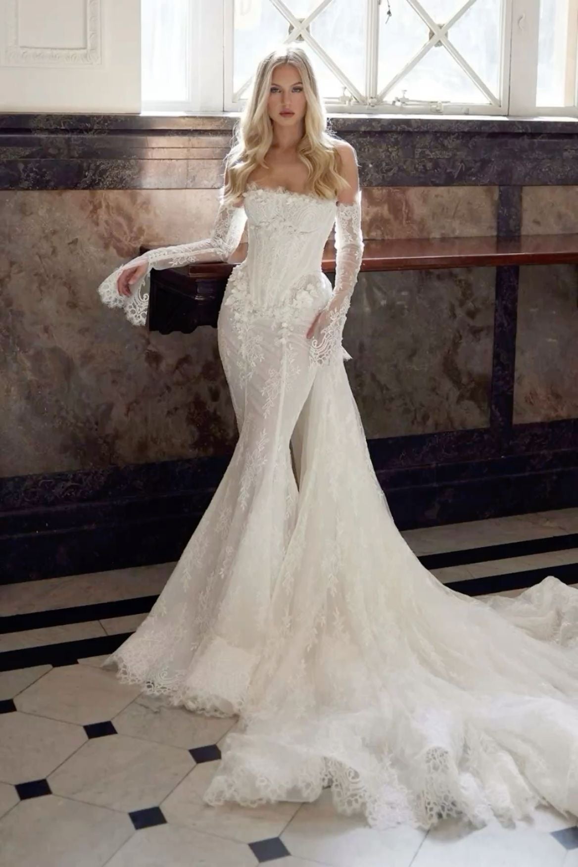 Custom Order Corset Styled Floral detailled lace and French lace Mermaid with detachable train Wedding Dress