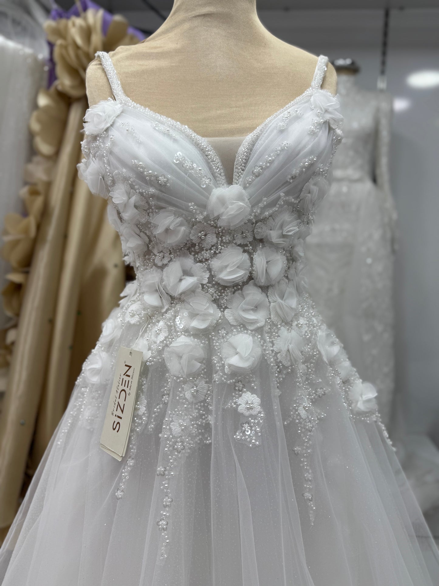 Floral 3D Appliqué Hellenistic A-Line Wedding Dress – Romantic Custom Bridal Gown