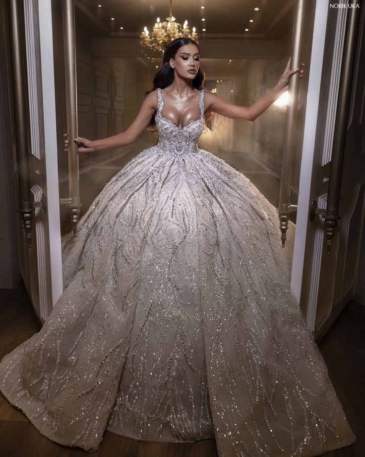 Silver Embroidered Ball Gown Wedding Dress with Swarovski Details — Custom Made