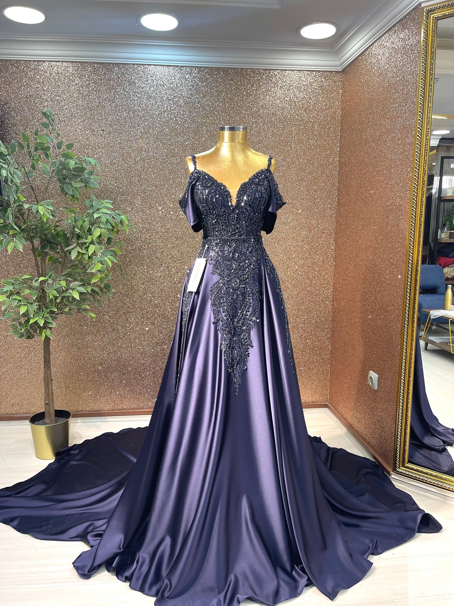 Navy Satin Evening Dress