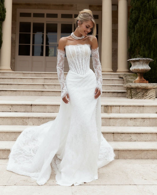 Romantic French Lace Mermaid Wedding Gown with Corset Bodice