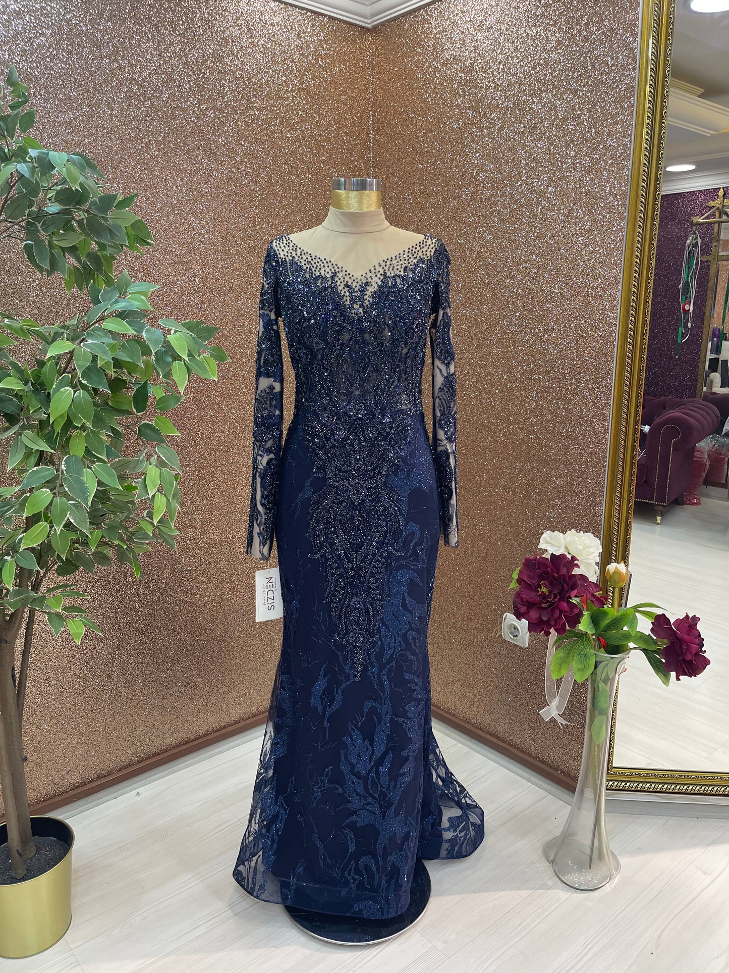 Navy Hijab with Detachable Skirt Engagement Dress