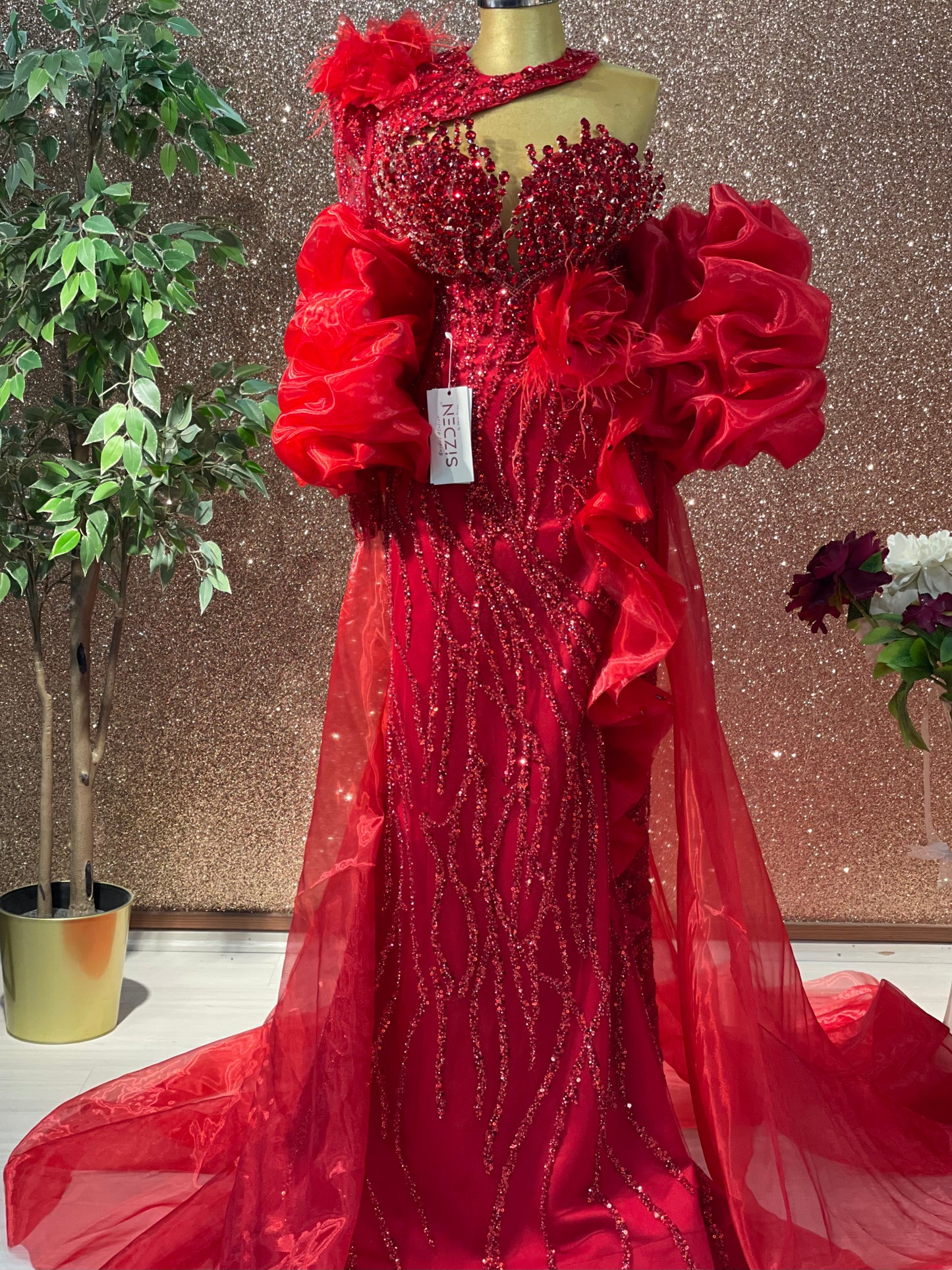 Red Mermaid Gown with Cape Detail and Front Slit – Bold Elegance Redefined