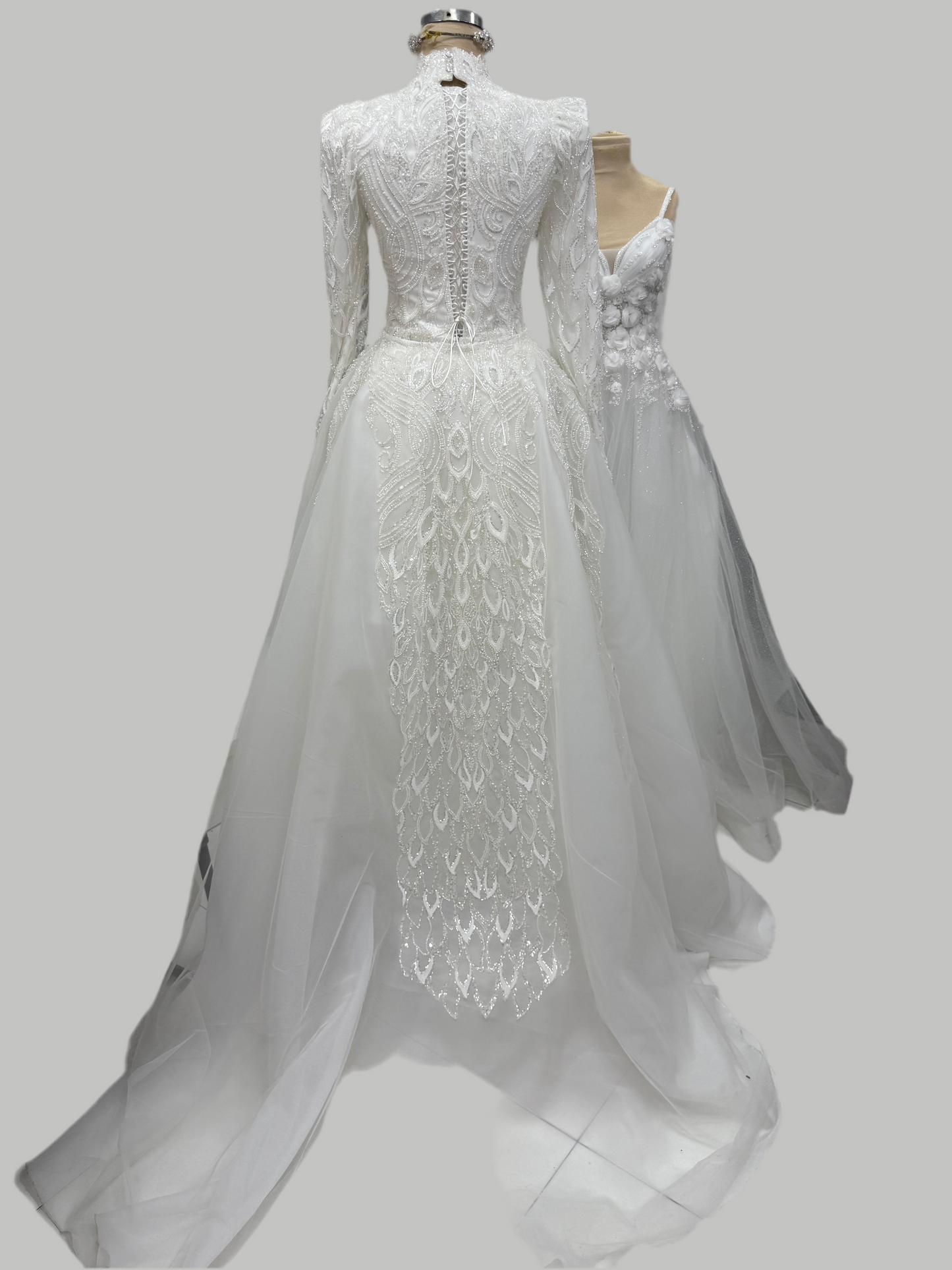 Modest Beaded Lace Mermaid Wedding Dress — Detachable Train & Ruched Sleeves, Custom Design