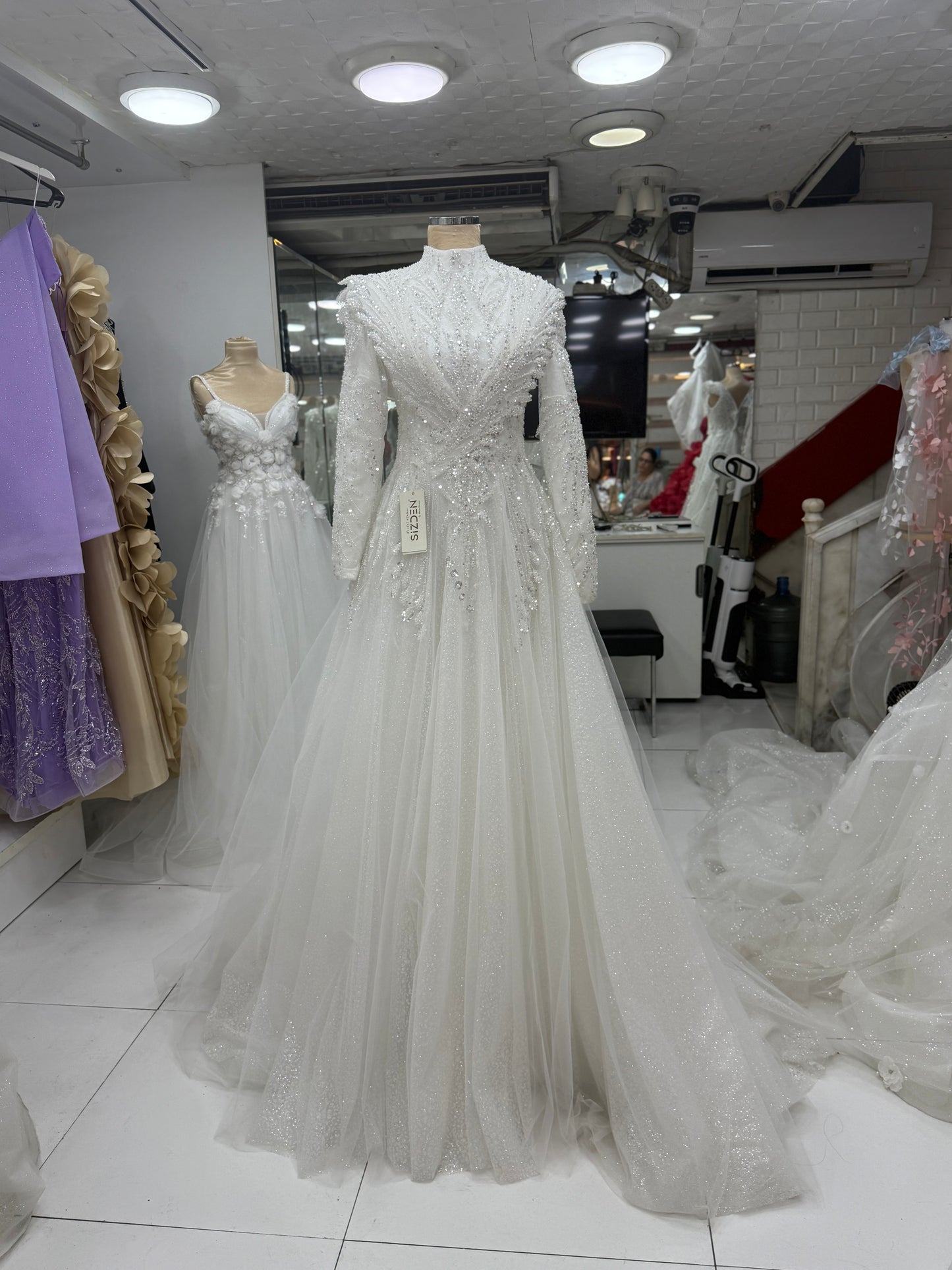 Modest Hijab Hellenistic Glitter Tulle Detailed A-Line Wedding Dress – Custom Covered Bridal Gown