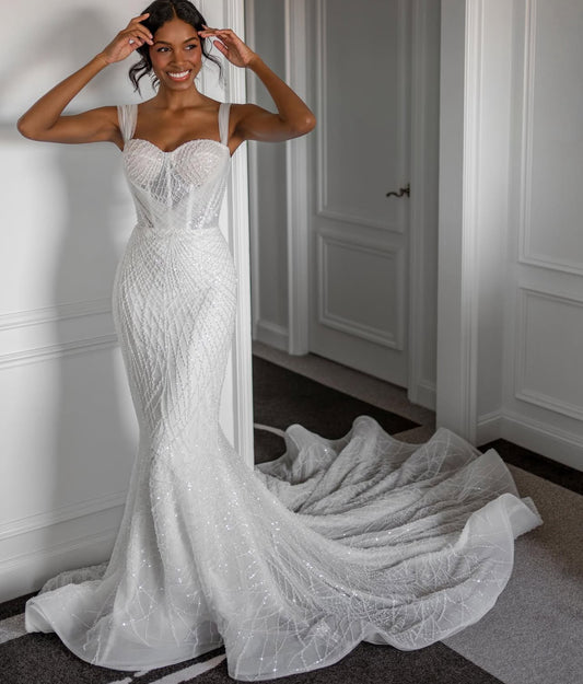 Custom Order Mermaid Wedding Dress with embroidery lace and corset styled bust