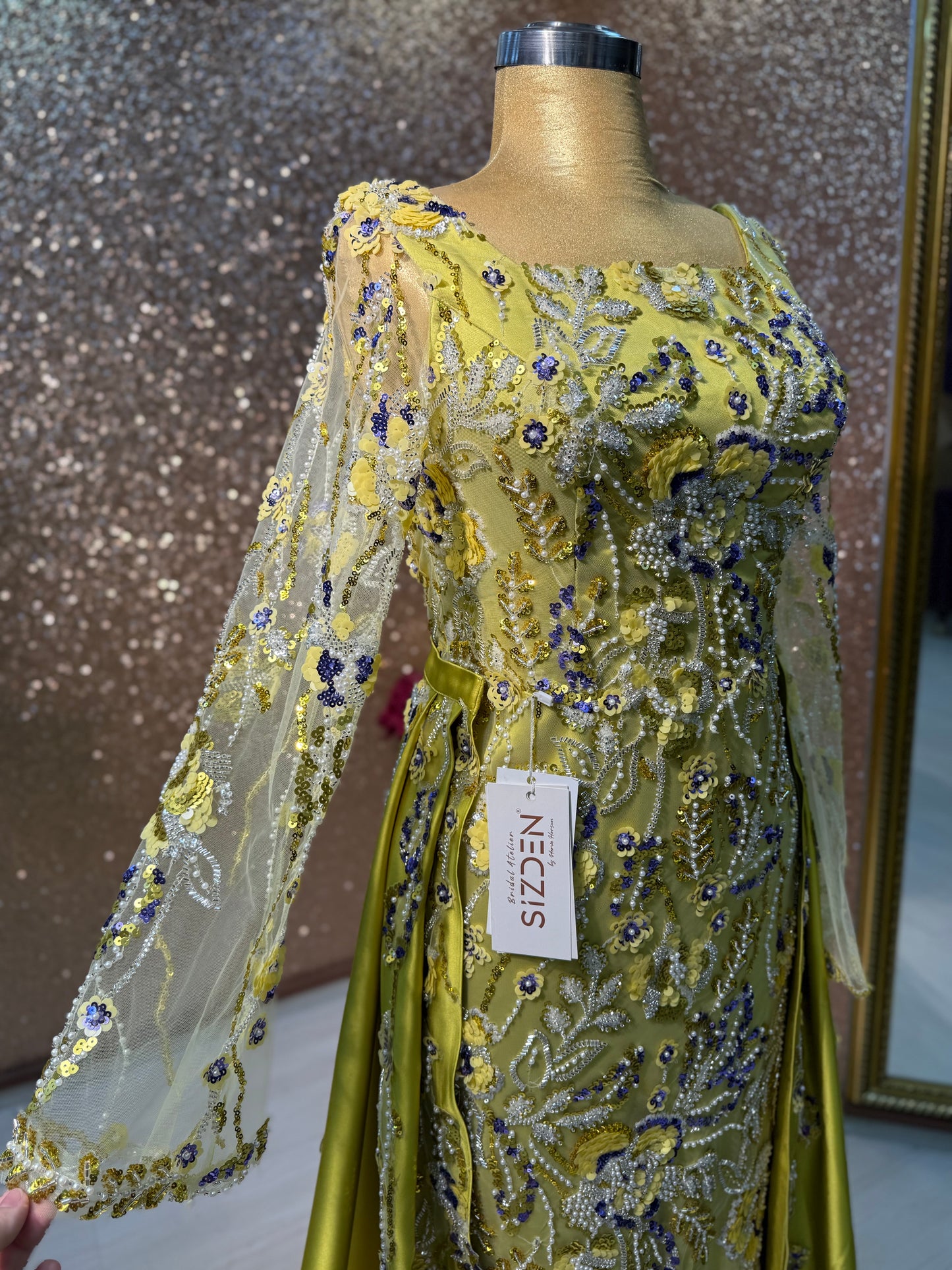 Apple Green Beaded Evening Gown with Removable Train
