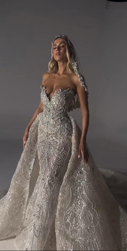 Silver embroidered lace Wedding Dress with detachable train-Custom Made