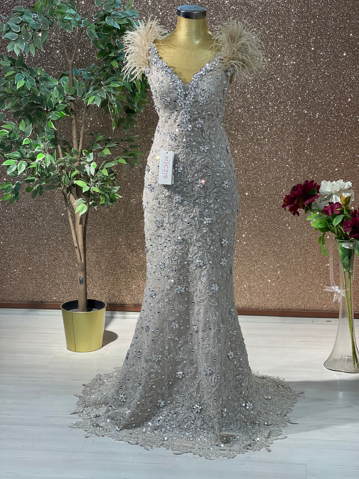 Nude Swarovski & Feather Mermaid Gown – Custom Handmade