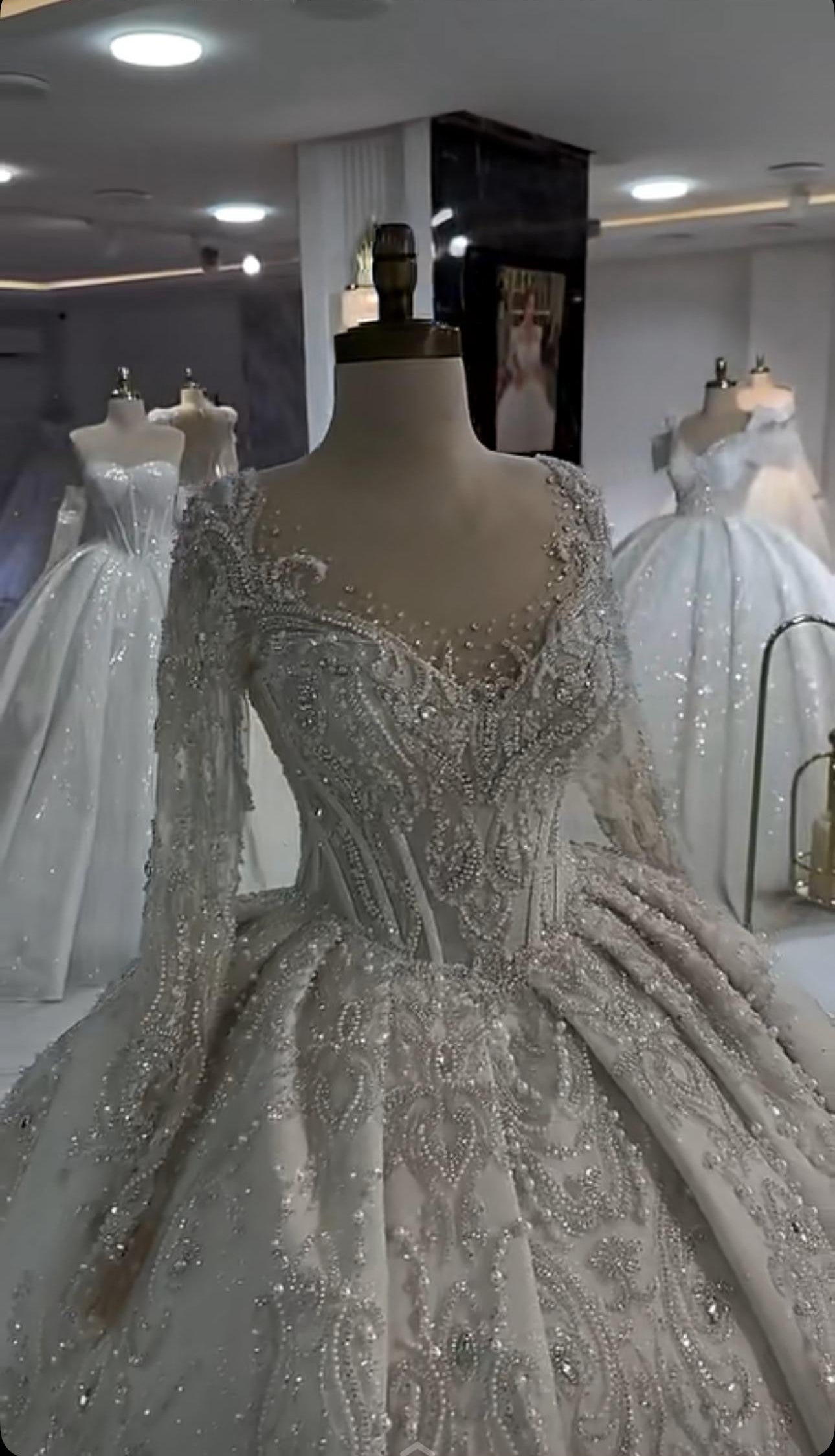Custom Crystal & Pearl Lace Ball Gown – Long Sleeve, V Neck, Detailled Train (50% Deposit)