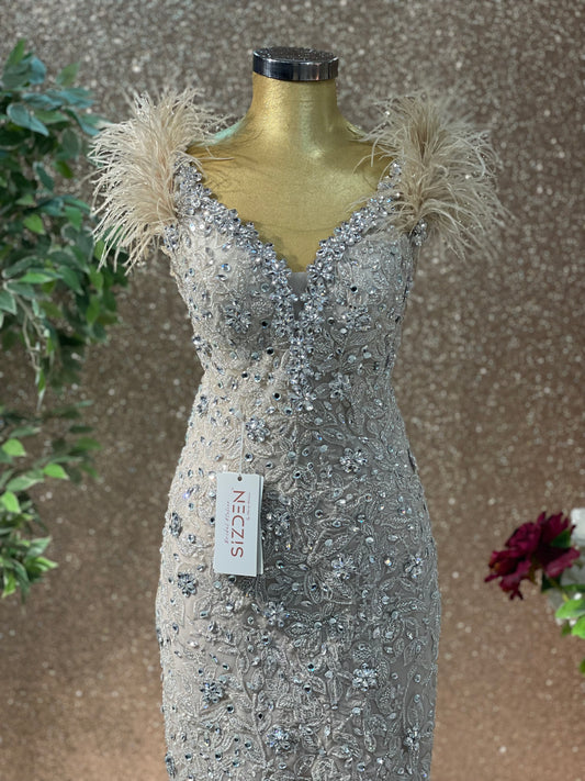 Nude Swarovski & Feather Mermaid Gown – Custom Handmade