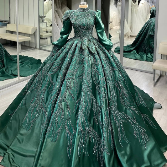 Emerald Green Beaded Engagement Dress