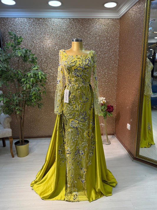 Apple Green Beaded Evening Gown with Removable Train