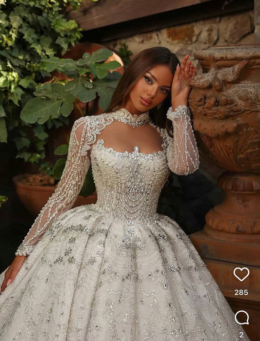 Custom Couture Wedding Dress – Puffy Skirt, Long Sleeves & Neck Detail %50 deposit