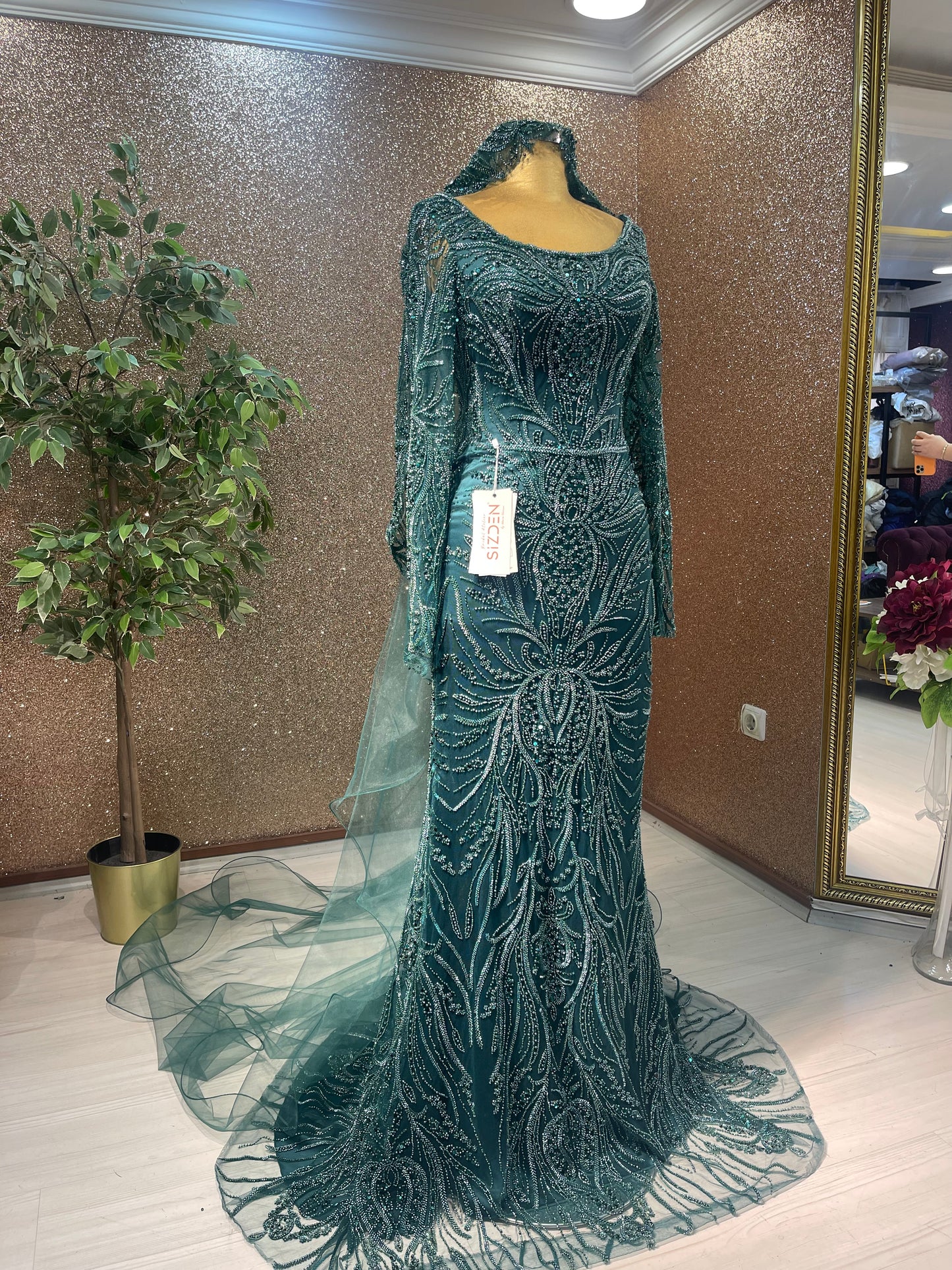 Emerald Green Evening dress with Detachable skirt