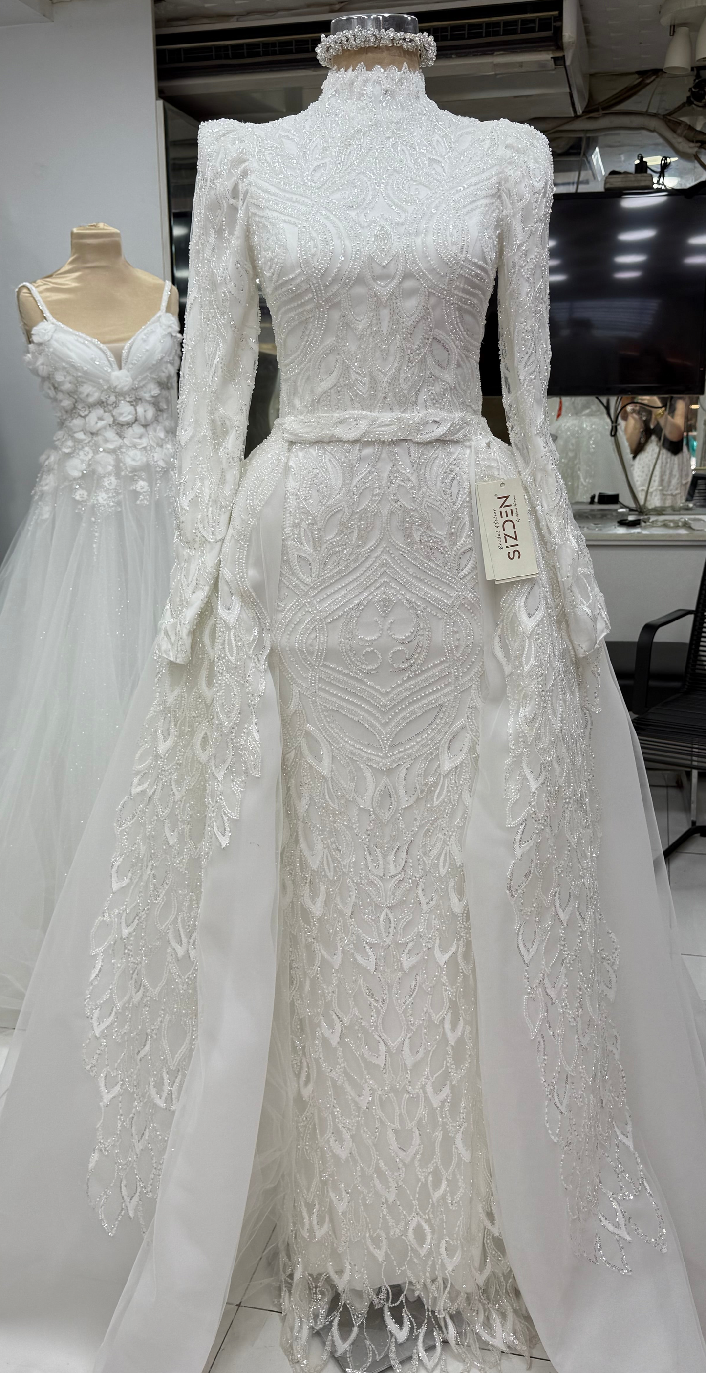 Modest Beaded Lace Mermaid Wedding Dress — Detachable Train & Ruched Sleeves, Custom Design