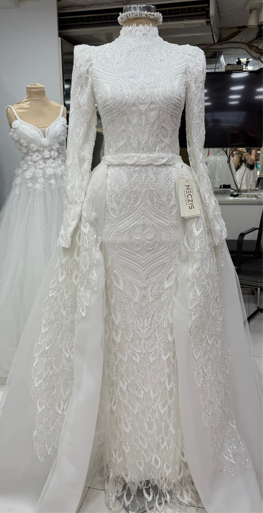 Modest Beaded Lace Mermaid Wedding Dress — Detachable Train & Ruched Sleeves, Custom Design
