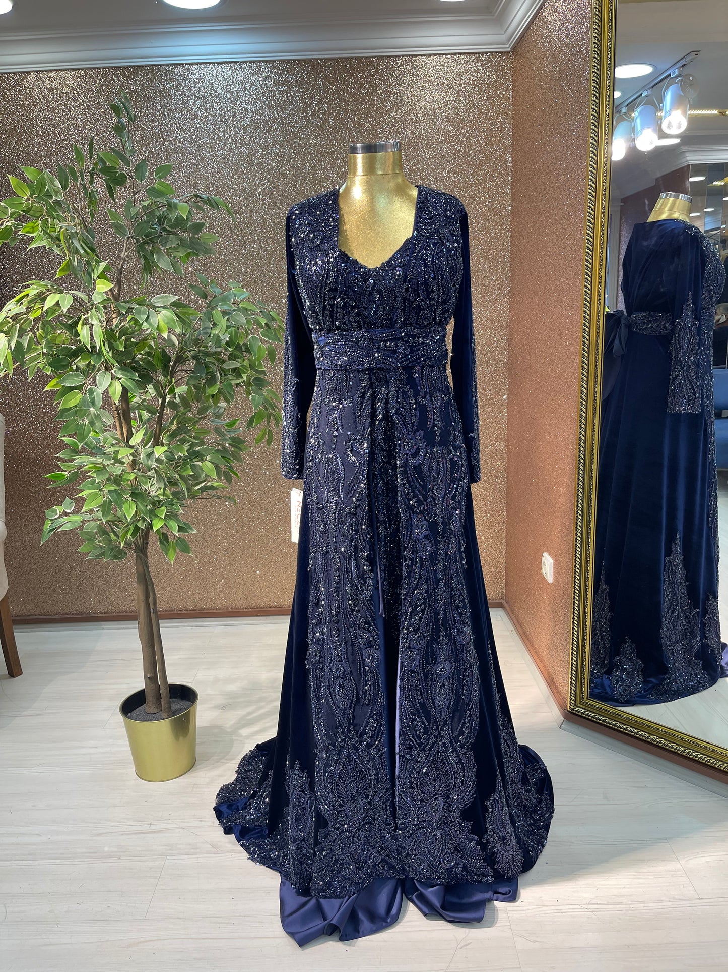 Navy Caftan Evening Dress with Inner Dress