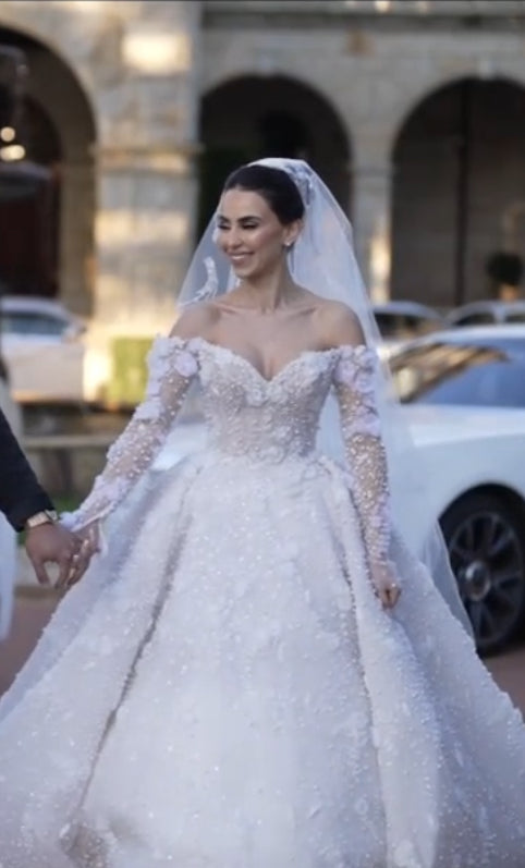 Inspired by Steven Khalil – 3D Floral Off-Shoulder Ball Gown-Custom Made