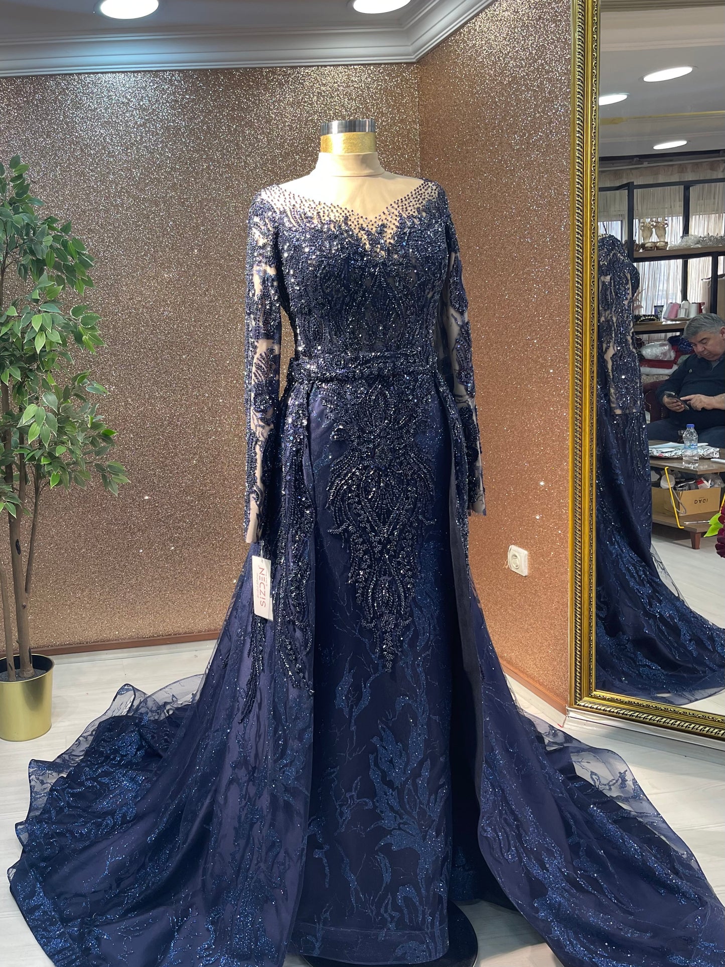 Navy Hijab with Detachable Skirt Engagement Dress