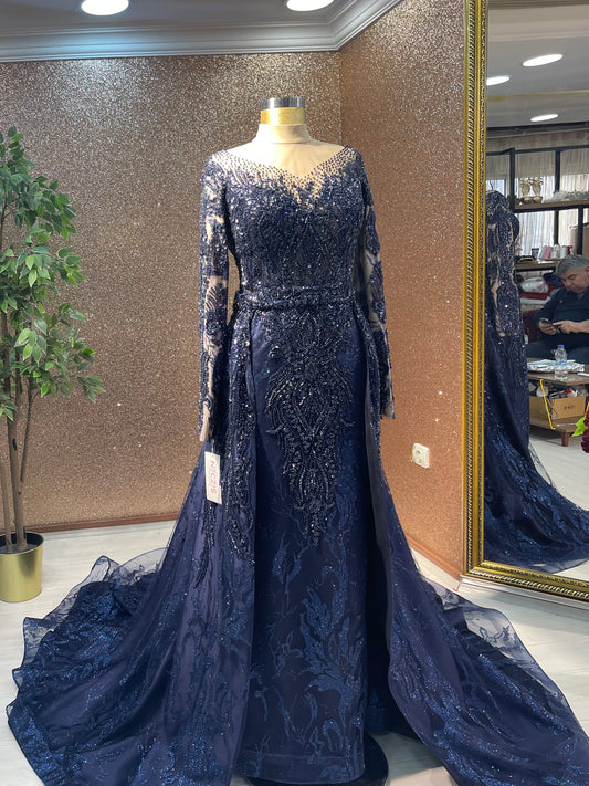 Navy Hijab with Detachable Skirt Engagement Dress