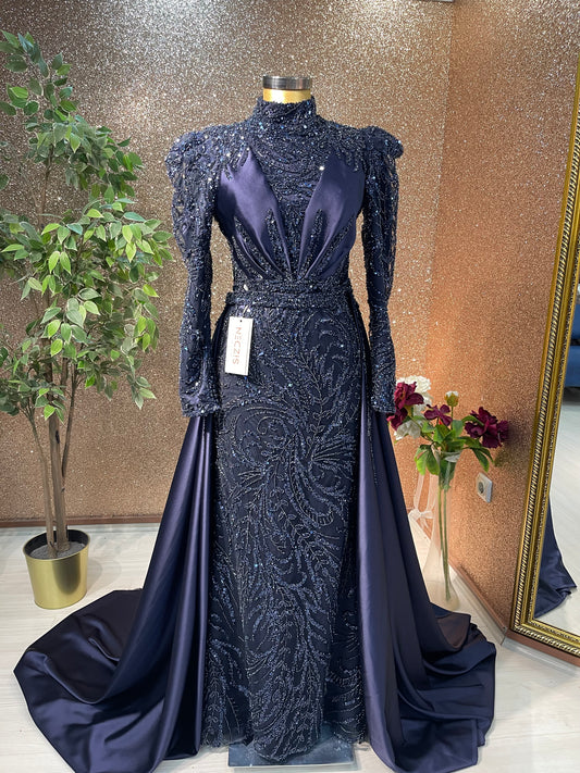 ✨ Navy Hijab Mermaid Dress with Detachable Train – Modest Glamour with a Modern Twist ✨
