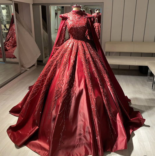 Burgundy Beaded Engagement Dress with cape