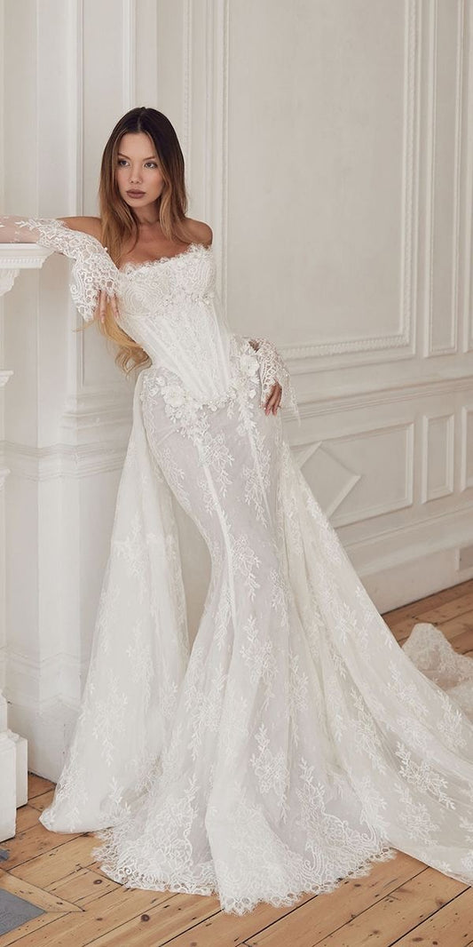 Custom Order Corset Styled Floral detailled lace and French lace Mermaid with detachable train Wedding Dress