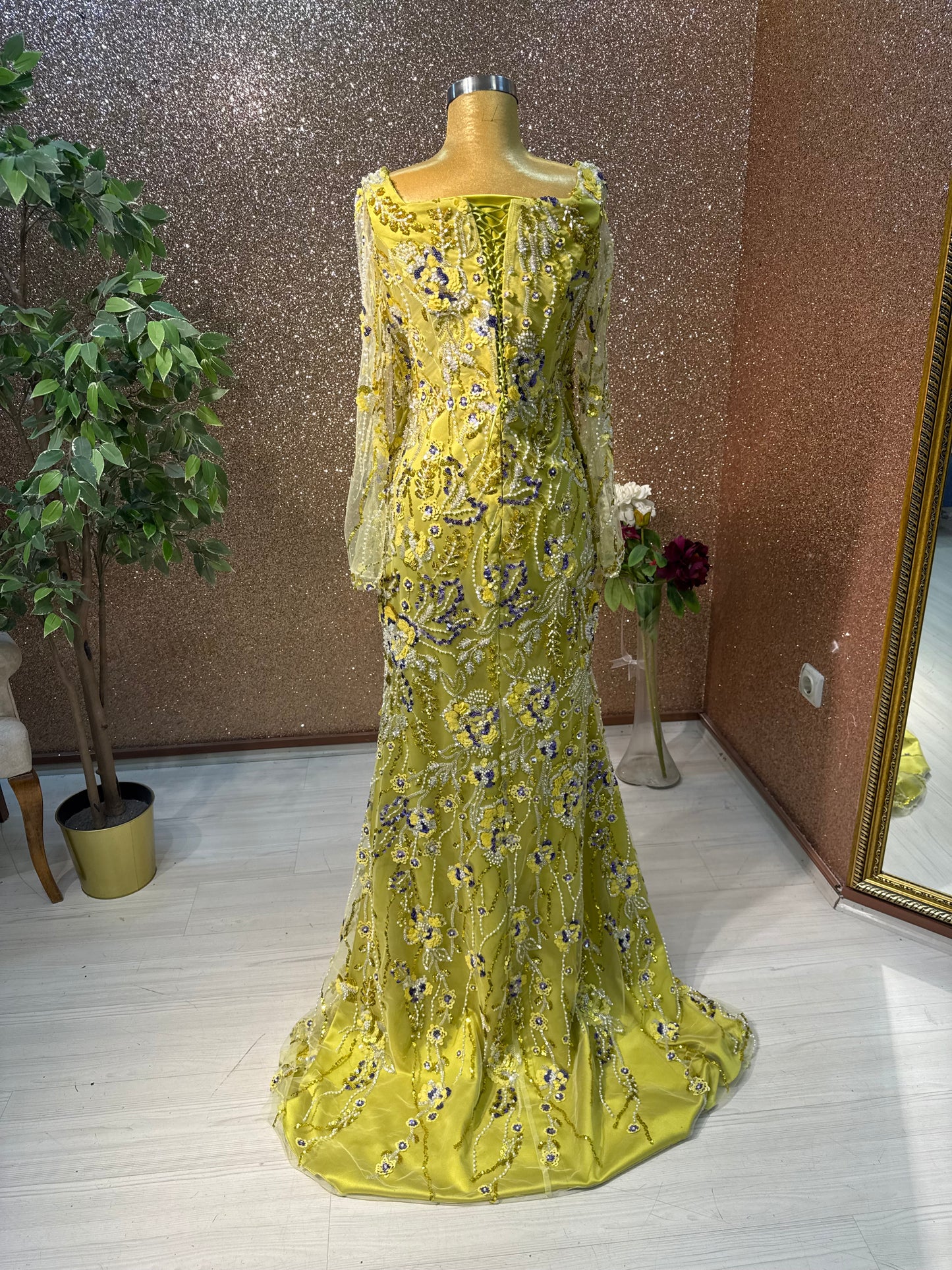 Apple Green Beaded Evening Gown with Removable Train