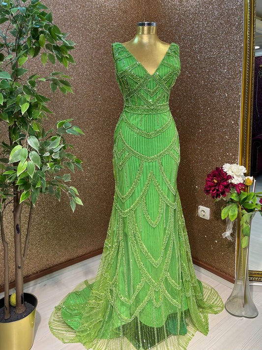 Green Evening dress with Embroidery Lace