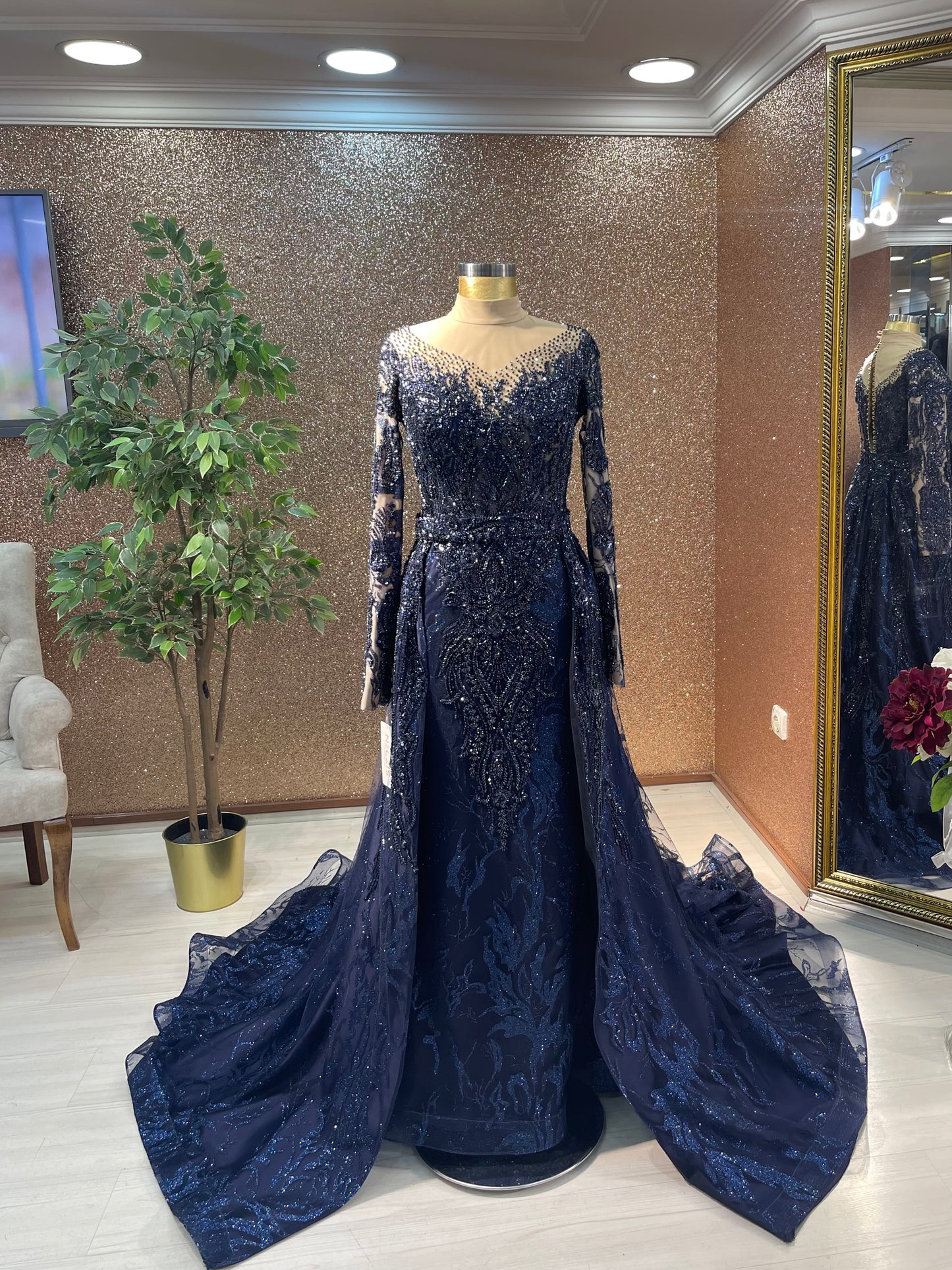 Navy Hijab with Detachable Skirt Engagement Dress
