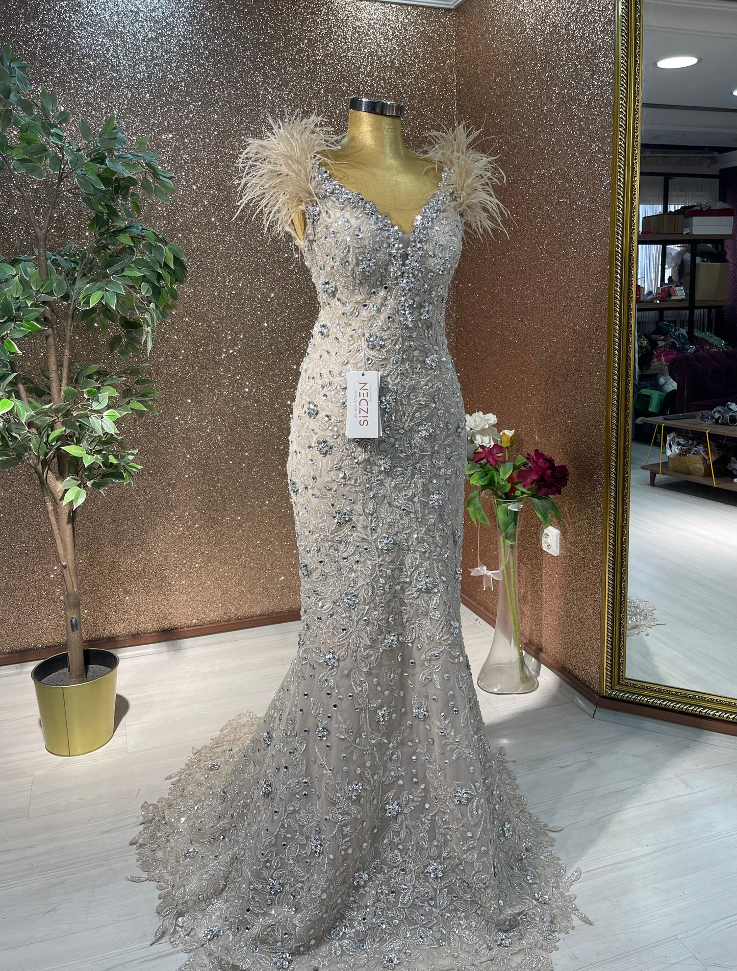 Nude Swarovski & Feather Mermaid Gown – Custom Handmade