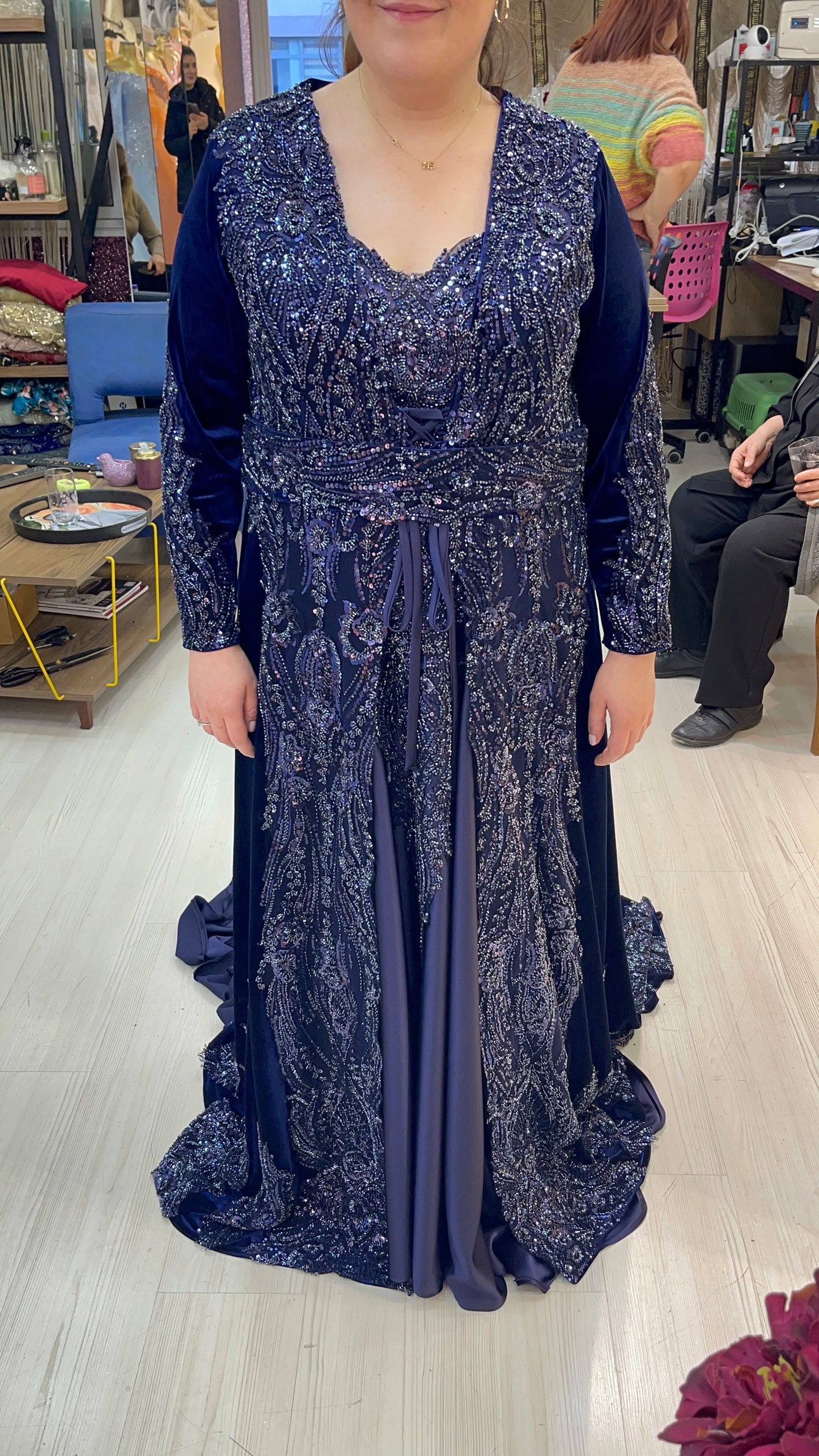 Navy Caftan Evening Dress with Inner Dress