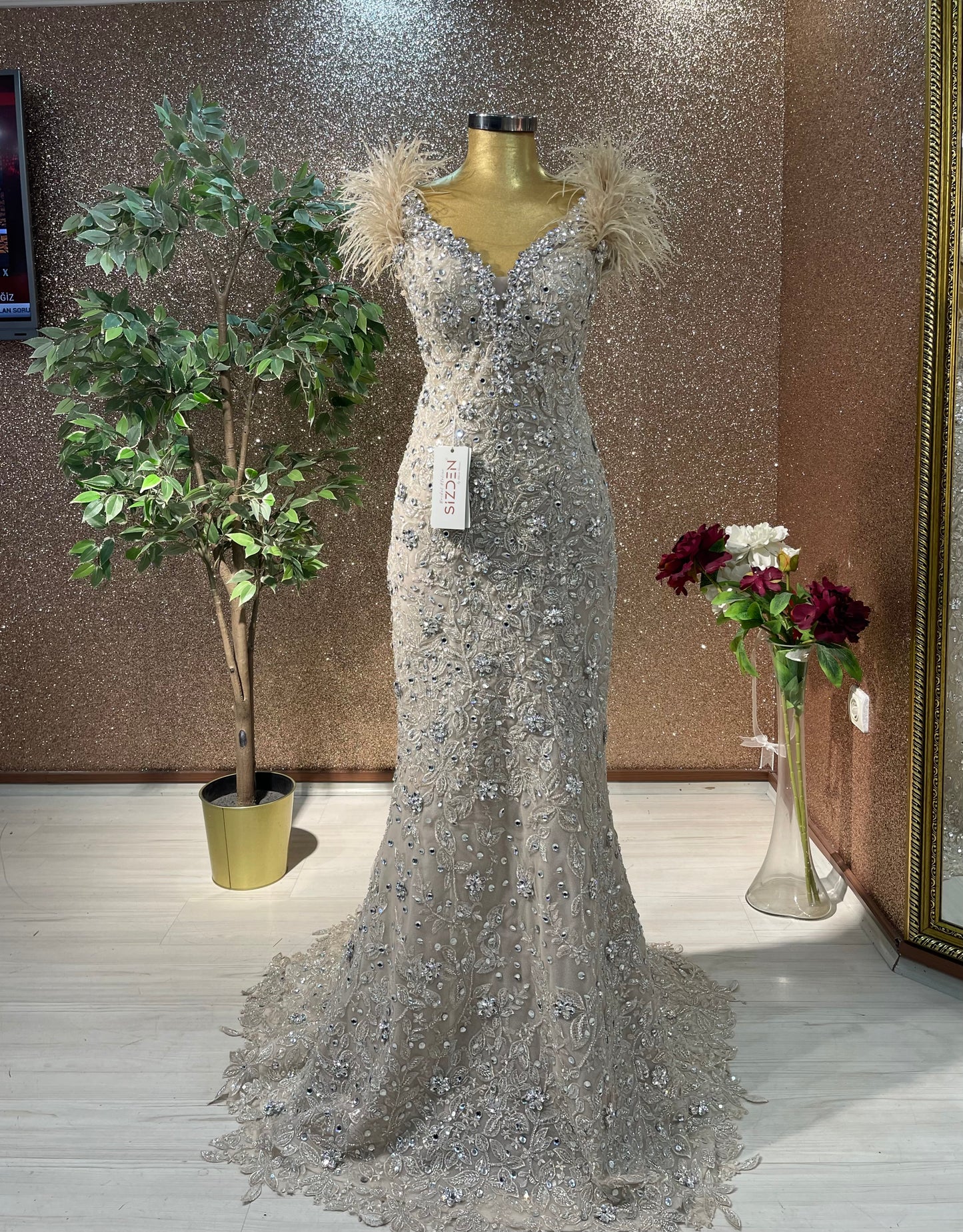 Nude Swarovski & Feather Mermaid Gown – Custom Handmade
