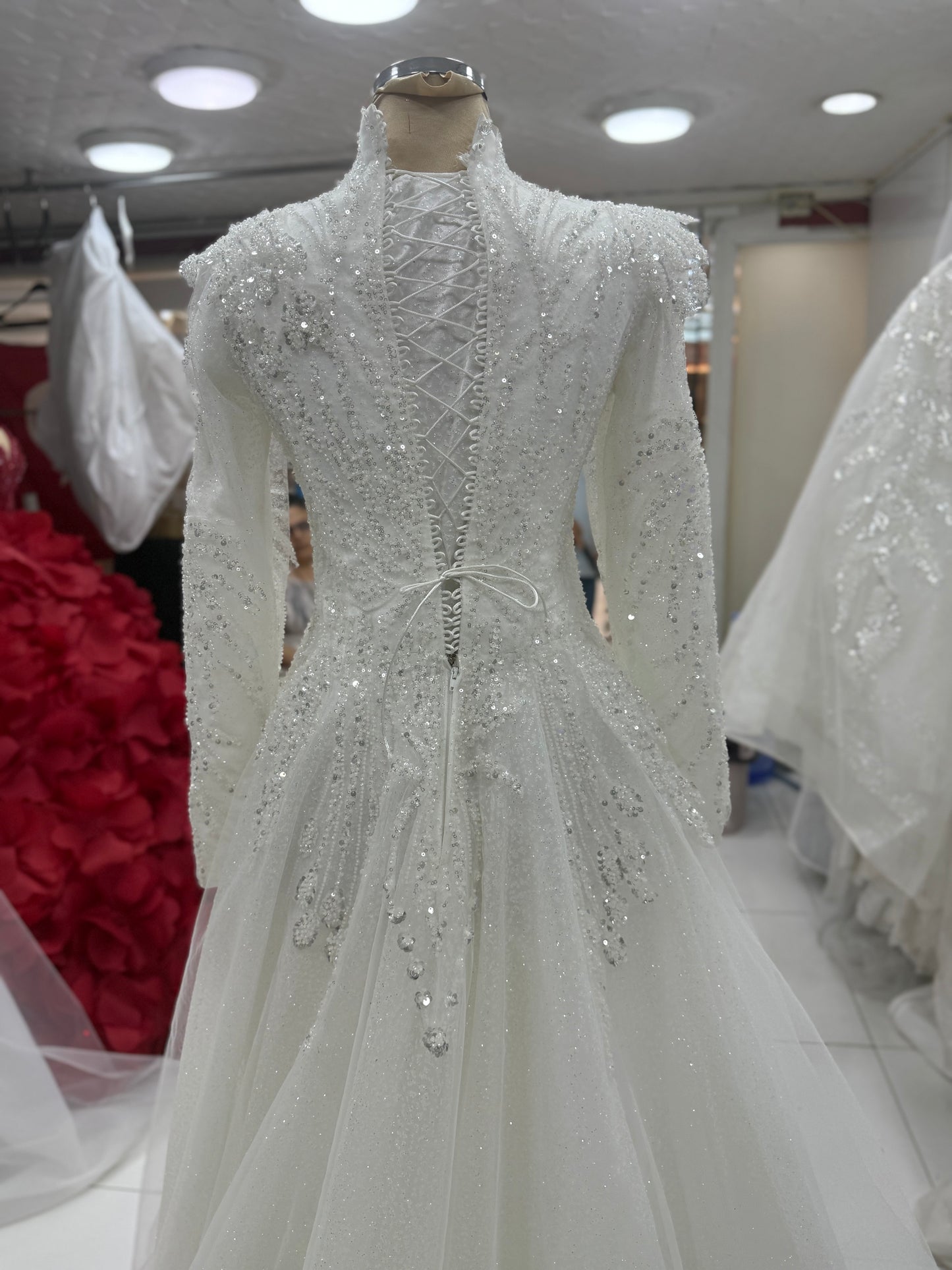 Modest Hijab Hellenistic Glitter Tulle Detailed A-Line Wedding Dress – Custom Covered Bridal Gown