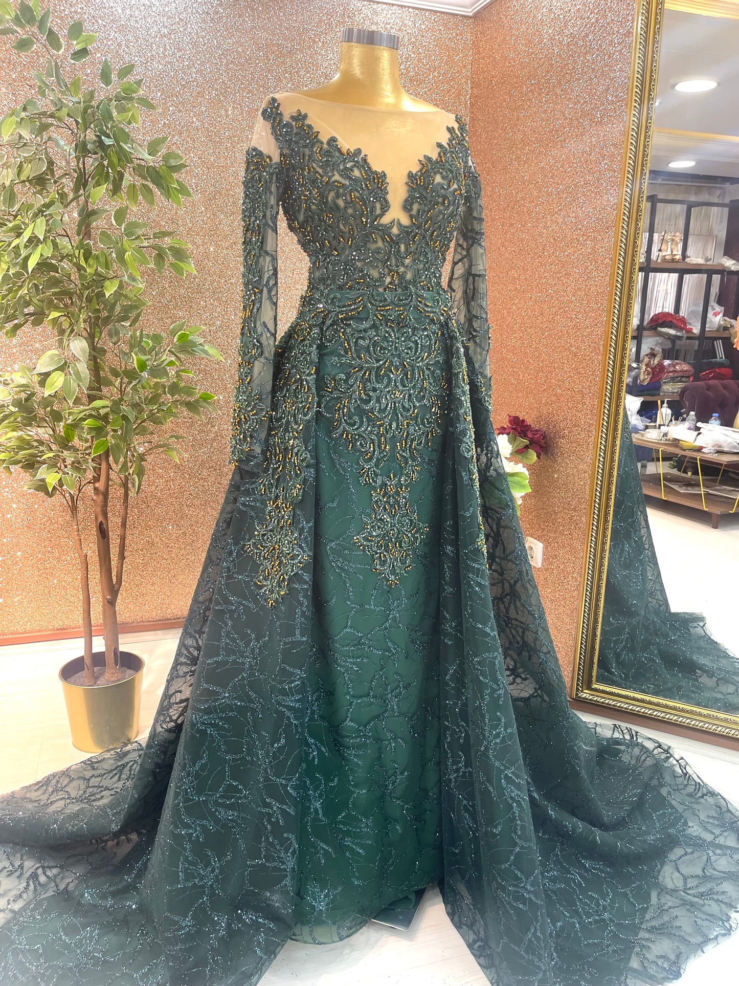 Emerald Green Evening dress with Detachable skirt